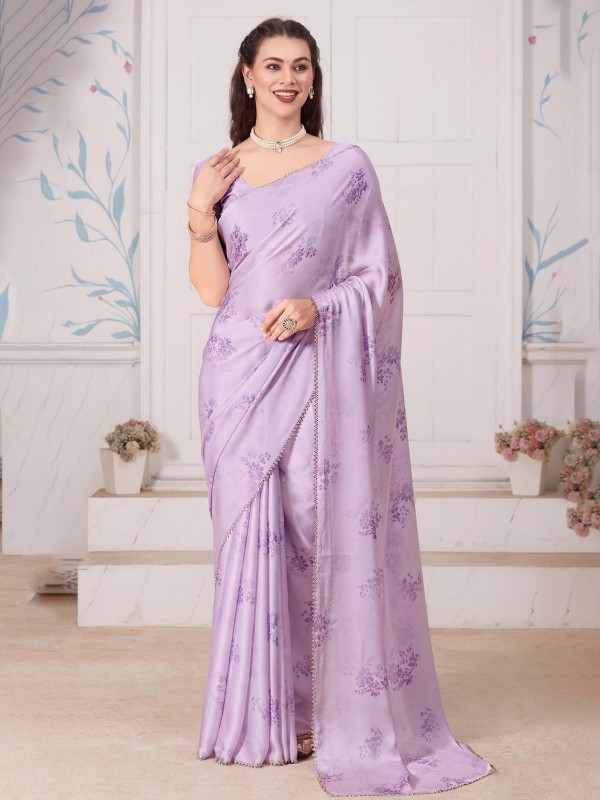 Light Violet Pure Satin Georgette Digital Print Saree